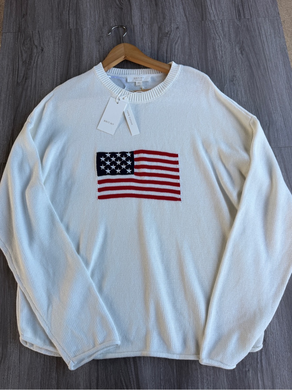 Brit.NY White American Flag Knit Crewneck Sweater 100% Cotton Oversized XL